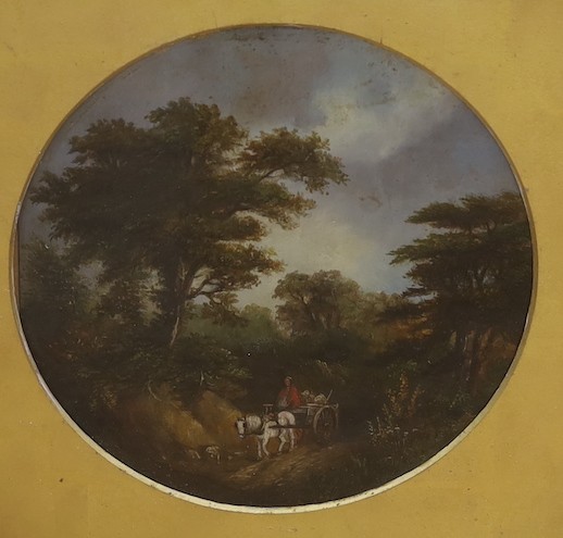 After Morland, pair of oils on board, Figures in woodland, tondo, 19.5cm